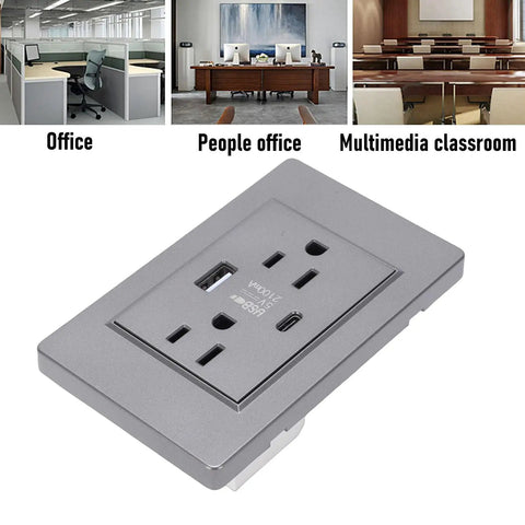Modern Wall Outlet Featuring Integrated Usb A And Type C Fast Charge Ports 15A Dual Receptacle with gray finish for office use.