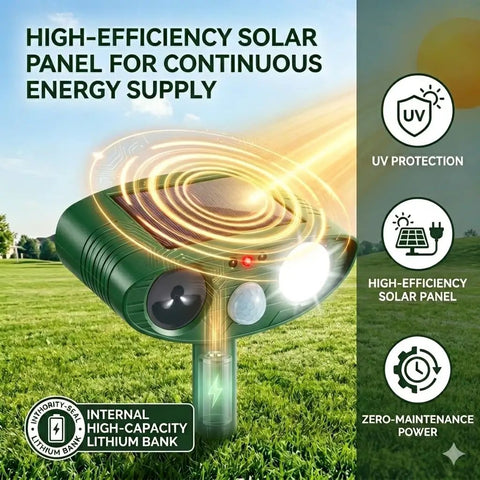 Solar Ultrasonic Deer Repellent Device With Motion Sensor Deterrent For Your Yard Protect Plants From Deer Rabbits Squirrels And Other Wildlife For Easy Install And Weather Resistant Outdoor Use; green solar unit on lawn