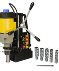 Heavy Duty Magnetic Drill Paired With Seven Piece 2 Inch HSS Annular Cutter Kit for Grit and Grind Metal Fabrication, showing drill and cutters.