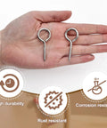 Heavy Duty 2 Inch Screw Eyes Set In 304 Stainless Steel, 10 Pack M3 Eye Hooks showcased on a hand, highlighting durability and rust resistance.