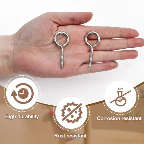 Heavy Duty 2 Inch Screw Eyes Set In 304 Stainless Steel, 10 Pack M3 Eye Hooks showcased on a hand, highlighting durability and rust resistance.