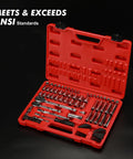 All In One 94 Piece One Quarter Inch And Three Eighth Inch Drive Socket Set with open red case showing tools on black background