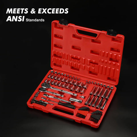 All In One 94 Piece One Quarter Inch And Three Eighth Inch Drive Socket Set with open red case showing tools on black background
