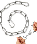 Hands holding Stainless Steel Gate Chain Lock 20 Inch Heavy Duty Outdoor Fence Security with two spring hooks visible in the image.
