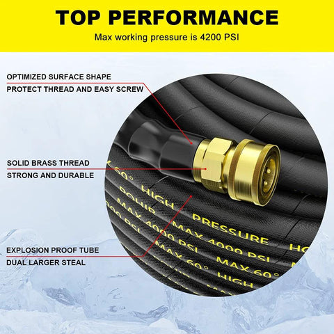 POHIR power washer hose, 100 ft, black braided with brass 3/8 in quick-connect fittings, 4200 PSI