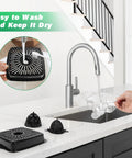 Pramedia Cordless Electric Citrus Juicer 60W Stainless Steel USB-C Rechargeable Orange Squeezer with two black cones and a drying tray.