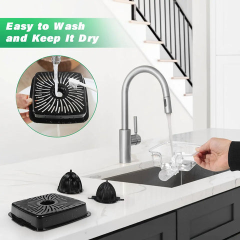 Pramedia Cordless Electric Citrus Juicer 60W Stainless Steel USB-C Rechargeable Orange Squeezer with two black cones and a drying tray.