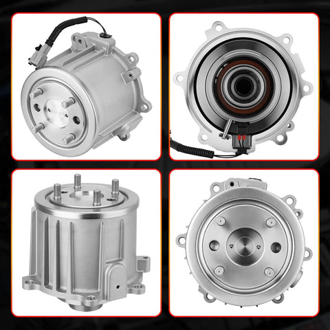 Rear Differential Coupling Assembly Replacement For Nissan Rogue, Rogue Sport, Qashqai, And Murano Direct Fit Pro Grade OE Quality Durable Upgrade For 2014-2020 Rogue 2.5L, 2016-2020 Murano Hybrid 2.5L, 2015-2020 Murano 3.5L, 2017-2020 Qashqai 2.0L. Silver metal AWD coupling assembly shown front and side views