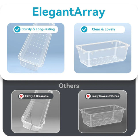 Must Have Grab And Go 12 Piece Drawer Organizer Set With 4 Size Trays, showing sturdy clear plastic design