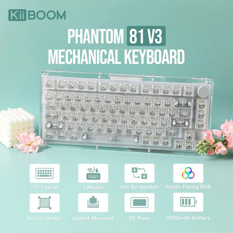 Premium 75 Percent Transparent Mechanical Gaming Keyboard With Hot Swappable Gasket Build And Dope Rgb Lighting Clear Dual Layer Keycaps viewed from the front.