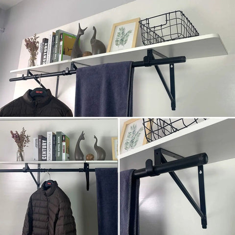 Built Tough Heavy Duty Closet Shelf And Rod Brackets Black Steel Wall Mount Support for hanging clothes and towels, 11x10.6x3.3 inches.