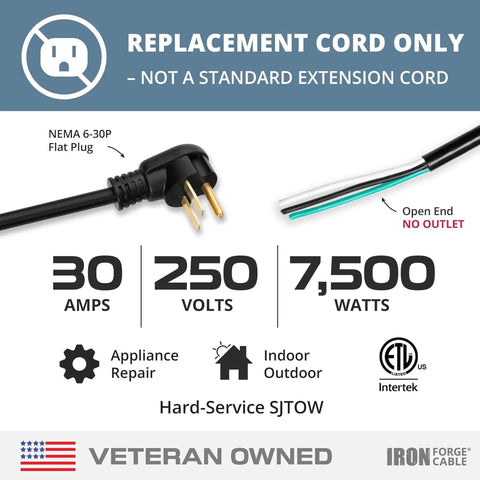 Heavy Duty 10 Gauge Air Compressor And Garage Heater Cord With A Rock Solid Nema 6 30 Plug showing specifications and plug design.