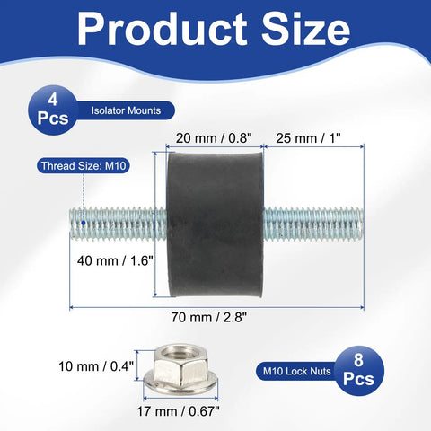 M10 Rubber Anti Vibration Isolator Mounts 4 Pack With Lock Nuts Heavy Duty dimensions 70mm height with metal thread.
