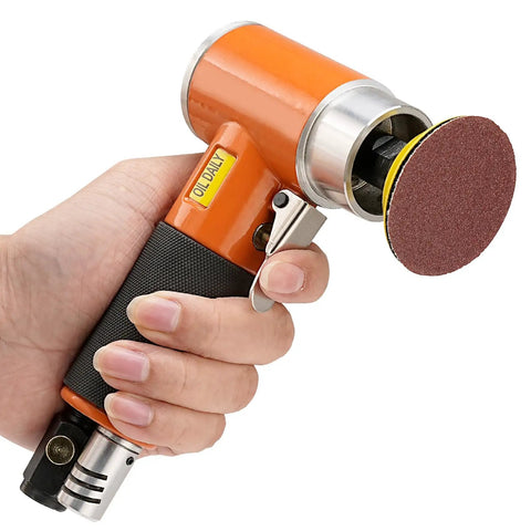 Hand holding 2 Inch Pneumatic Mini Orbital Sander Kit With 2 In 1 Air Right Angle Grinder Polisher Surface Prep Tool
