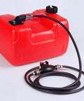 3 Gallon Portable Boat Fuel Tank With Nine Point Eight Foot Hose And Level Gauge Outboard Marine Gas Tank, red, with hose attached