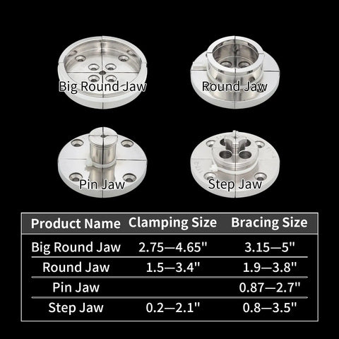Dead Serious 4 Inch Nickel Plated Wood Lathe Chuck Set With Knockout Rust Shield And Quick Swap 1 X 8 Tpi Plus 3 4 X 16 Tpi Thread Adapters set with different jaw sizes.