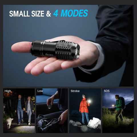 Rechargeable Mini Flashlights With Magnetic Base Twin Pack, Bright 3 LED EDC Lights With Belt Clip in hand showing 4 modes