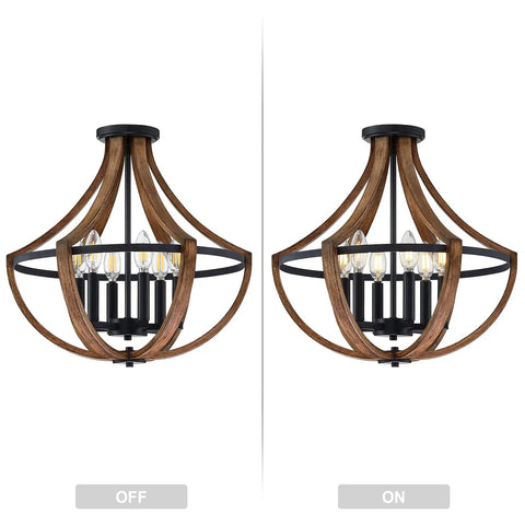 Six Light Rustic Semi Flush Mount Ceiling Light Fixture In Black With Handmade Brown Finish, Modern Farmhouse Vibe, on and off view.