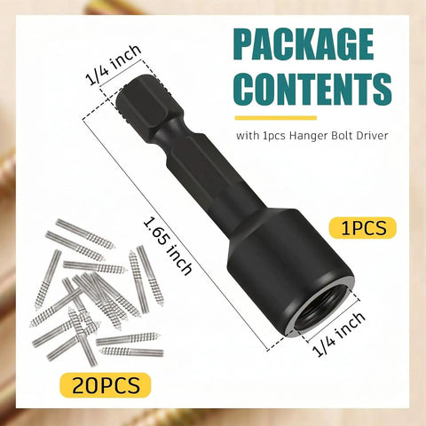 20 Pack 1/4-20 X 1-1/2 Inch Hanger Bolts with Driver, Double Headed Self Tapping Bolts, silver finish, package contents image