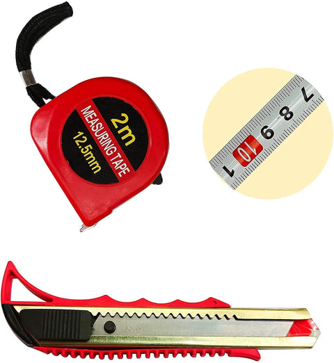 9 In 1 Basic Tools Set With Carrying Case For Home DIY Projects Ergonomic TPR Handles Heat Treated Chrome Plated Steel ANSI Compliant Ideal For Women Men Students Dorm Room And Household Repairs showing red tape measure and utility knife