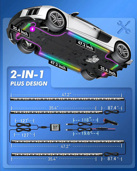 Illustration of car with Underglow LED Kit With RGB IC Dream Color Chasing 213 Scene Modes Music Sync Via App Or Remote.