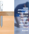 Close-up of Tough As Nails Zinc Plated Eye Lag Screws in wooden surface, showcasing versatile application for storage racks.