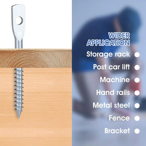 Close-up of Tough As Nails Zinc Plated Eye Lag Screws in wooden surface, showcasing versatile application for storage racks.