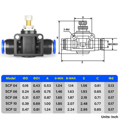 Inline Pneumatic Air Flow Control Valve With Push To Connect Fittings for Easy Speed Control 6mm Tube OD Union Straight 0-145 PSI