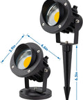 Lit 20W Outdoor COB Landscape Spotlight With Dusk To Dawn Sensor, dual pack showing dimensions, black die-cast aluminum.
