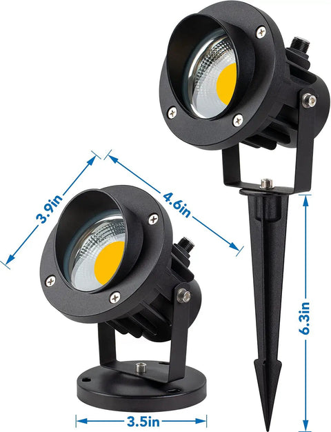 Lit 20W Outdoor COB Landscape Spotlight With Dusk To Dawn Sensor, dual pack showing dimensions, black die-cast aluminum.