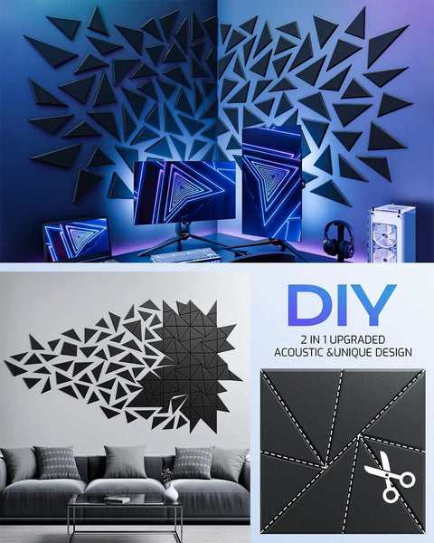 Twelve Pack Straight Up Soundproof Foam Panels For Walls Self Adhesive High Density Acoustic Treatments To Smooth Out Room Reverb And Kill Echo In Home Studios Black arranged on a wall behind gaming setup.