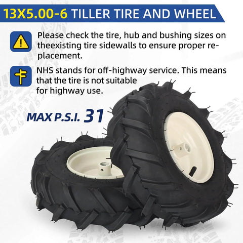 Replacement Tiller Tire And Wheel Set For Thirteen By Five Inch Tire Size With Three Quarters Inch Axle And Three And One Eighth Inch Centered Hub Fits Craftsman And Troy-Bilt Tillers, showing two black tires with white hubs.
