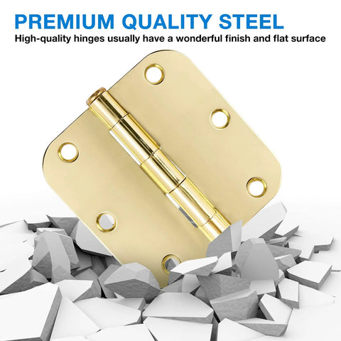 Close-up of Door Hinges 3.5 Inch Polished Brass, 18 Pack, Heavy Duty Steel With Rounded 5 Eighths Radius Corners on rocks.