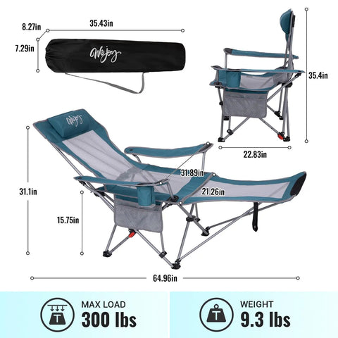 2 In 1 Reclining Camping Chair With Footrest And Adjustable Backrest Four Positions Lightweight Heavy Duty Outdoor Lounge Chair For Adults Foldable Camp Chair For Campsites And Beaches with dimensions and carrying case.