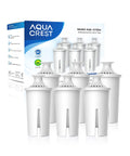 Six white Aqua Crest pitcher water filter cartridges in front of a blue packaging box
