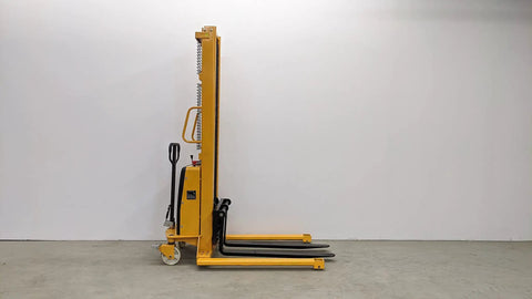 Heavy Duty Wide Leg Semi Electric Pallet Stacker Built Like A Tank With A Rock Solid 2204 Lbs Capacity And A Sweet 138 Inch Lift Height For Confined Warehouses side view with nylon wheels