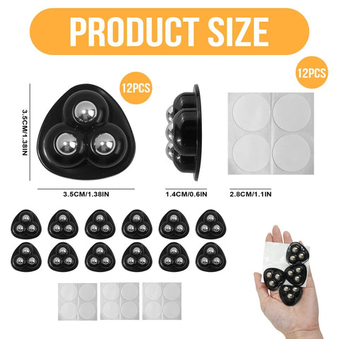 12 Pack Self-Adhesive Caster Wheels For Small Kitchen Appliances Like Coffee Makers, Blenders, Mixers And Air Fryers, shown in various perspectives with size specifications.