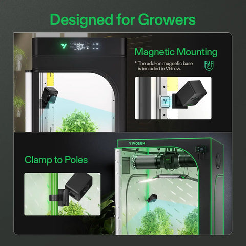 2K QHD Smart Grow Camera for Indoor Tents and Grow Boxes with 2.4GHz WiFi, showing magnetic mounting and clamp to poles.