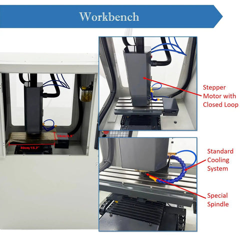 CNC Milling Drilling Machine With Programmable ER20 Spindle showing workbench layout, stepper motor, and cooling system.