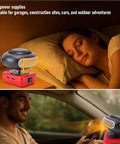 Cordless Battery Space Heater For Garage Jobsite 200 Watt Portable Warmer with dual USB charging beside a sleeping woman.
