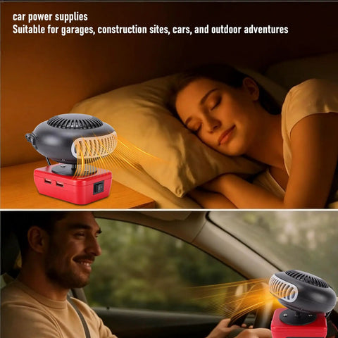 Cordless Battery Space Heater For Garage Jobsite 200 Watt Portable Warmer with dual USB charging beside a sleeping woman.