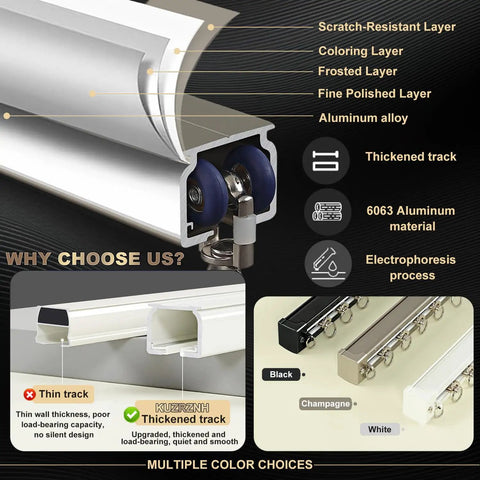Heavy Duty Aluminum Curtain Track System For Windows And Rooms, Wall Mounted Silent Sliding Rail For Drapes, Room Dividers, Living Room And Bedroom, 9.5ft White, Easy Install And Strong Support shows layered aluminum track and rollers