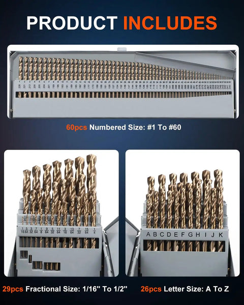 Cobalt Drill Bit Set 115 Piece Beefy M35 HSS Jobber Length For Hardened Metal Stainless Steel Cast Iron Wood And Plastic With Metal Indexed Storage Case One Sixteenth To One Half Inch