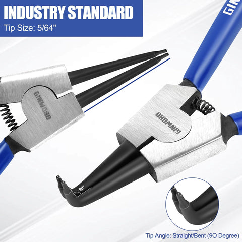 Close-up of 7 Inch Snap Ring Pliers Set Four Piece Circlip Pliers Kit With Straight And Bent Jaw Internal And External Heavy Duty C Clip