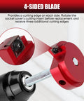Close-up of a 6 Piece PVC Pipe Reamer Set With Carbide Cutting Blades and Aluminum Cutter Heads, showing red 4-sided blade on drill.