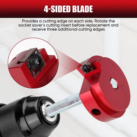 Close-up of a 6 Piece PVC Pipe Reamer Set With Carbide Cutting Blades and Aluminum Cutter Heads, showing red 4-sided blade on drill.