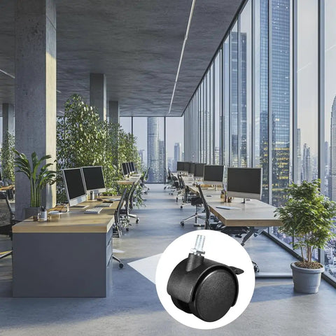 Heavy Duty 4 Pack 2 Inch Black Nylon Swivel Twin Wheel Caster Set With M10 Threaded Stem in modern office setting.