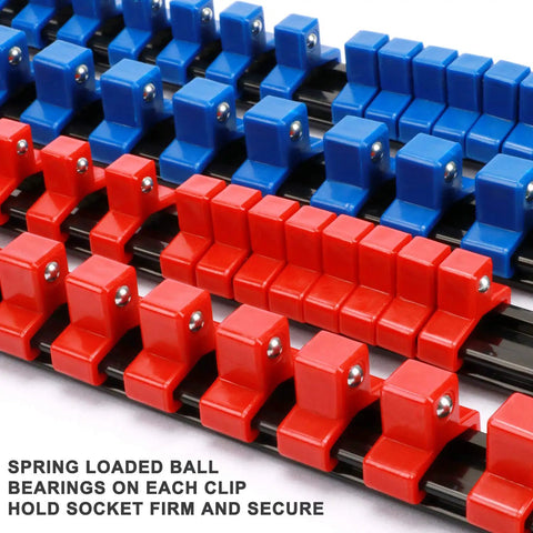 Portable ABS Socket Clip Rail Organizer for one quarter inch, three eighths inch, and one half inch drive sockets, red and blue clips