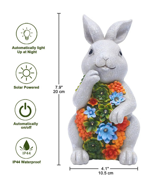 Solar Garden Bunny Statue With Succulent And Seven LED Lights Lawn Decor For Patio Balcony And Yard Best Gift For Mom Grandma Women Weather Resistant Durable Outdoor Decor, 7.9 inches