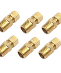Six brass 1/4 in NPT male to 1/4 in tube OD compression fittings